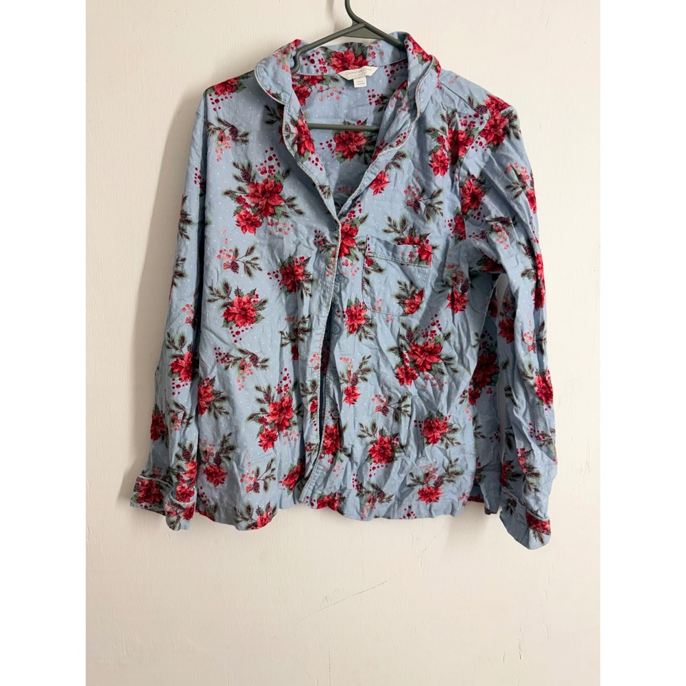 Charter Club Intimates Blue Red Poinsettia Floral Cotton Pajama Top Smll Holiday